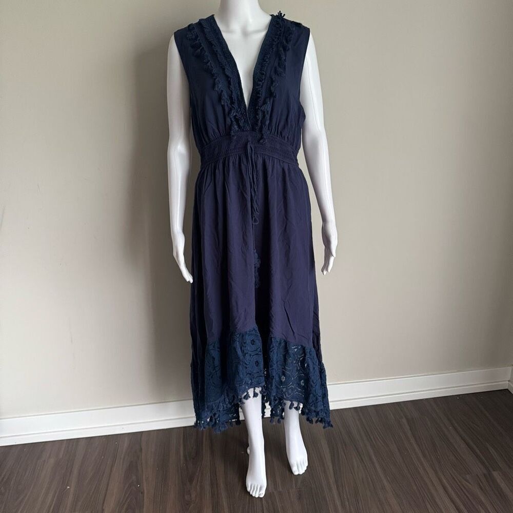 Navy Blue Summer Ruffle Tie Waist Dress XL